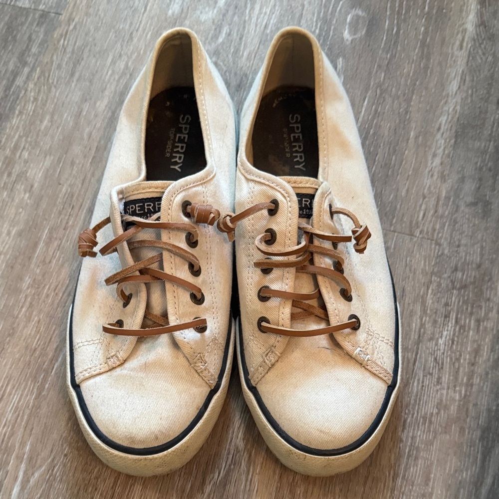 Sperry Off-White Canvas Shoes with Brown Laces